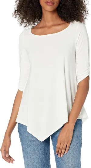Star Vixen Women's Petite Elbow-Cinch Sleeve Hanky Hem Top