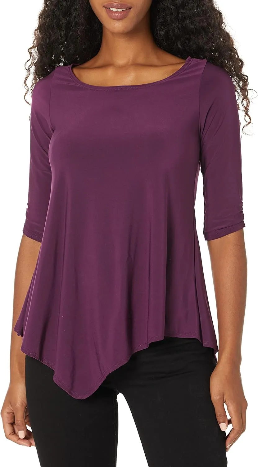 Star Vixen Women's Petite Elbow-Cinch Sleeve Hanky Hem Top