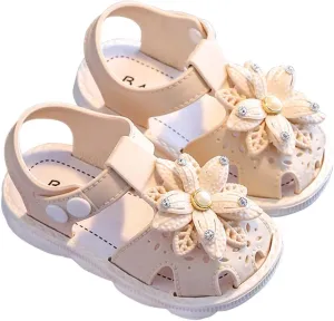 Toddler Baby Girls Sandals Shoe Bow Open Toe Slip On Soft Sole Princess Shoes Sandal Cute Solid Summer Home Shoe Z-024 Beige 6.5