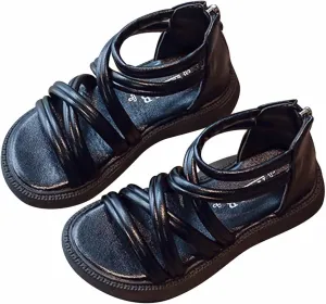 Toddler Baby Girls Sandals Slip On Falts Shoes Cute Weave Hollow Out Non-Slip Soft Sole Beach Sandal Shoe Comfort D-325 Black 11.5