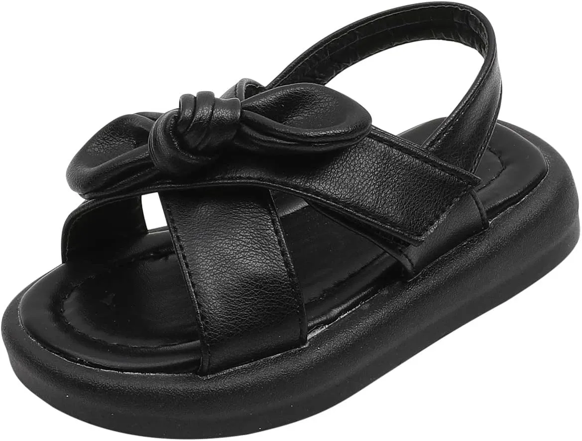 Toddler Sandals Shoes Baby Girls Cute Solid Color Slip On Shoes Bow Non-slip Soft Sole Beach Sandal Comfort Daily V-313 Black 7