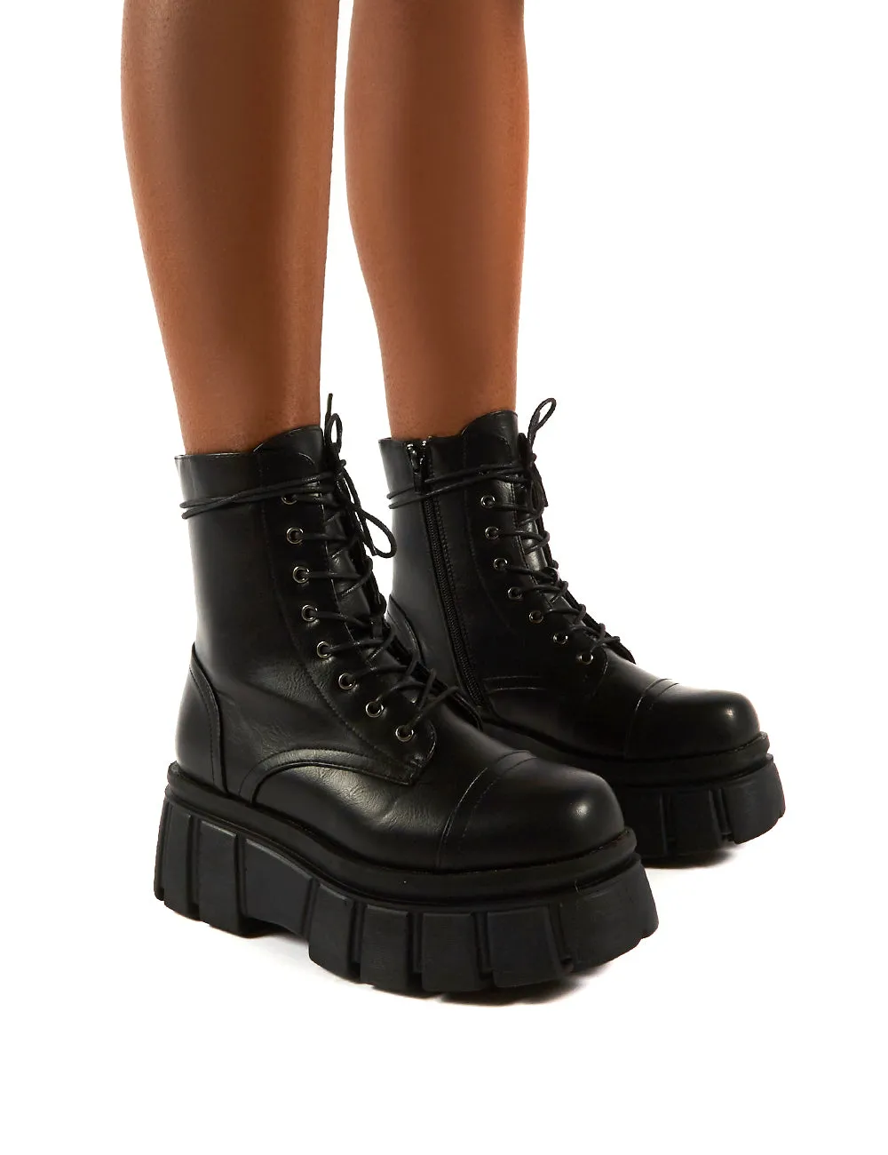 Trooper Black PU Lace Up Chunky Sole Ankle Boots