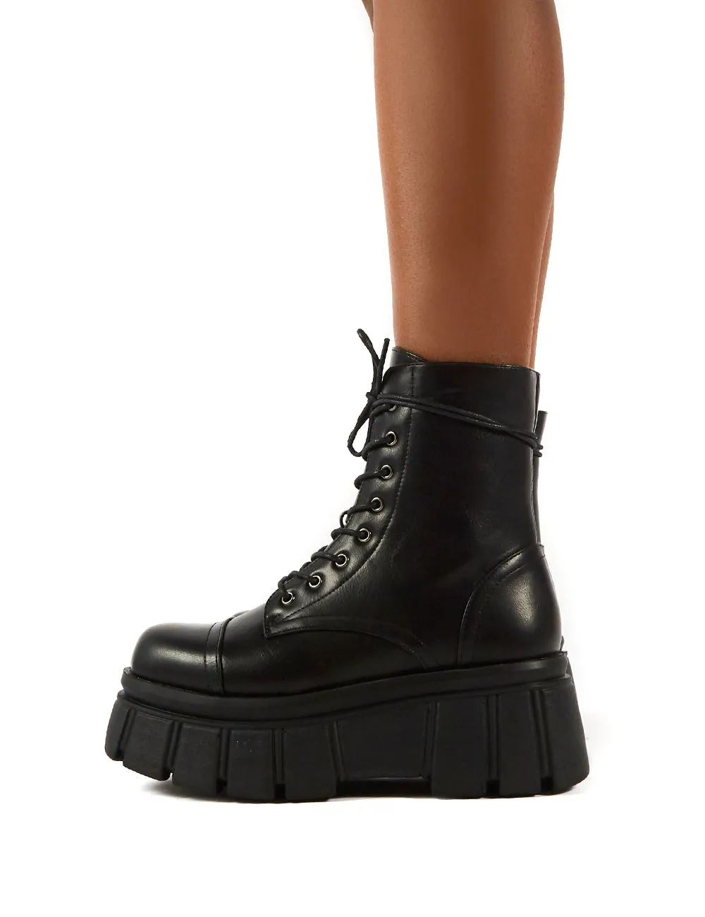 Trooper Black PU Lace Up Chunky Sole Ankle Boots