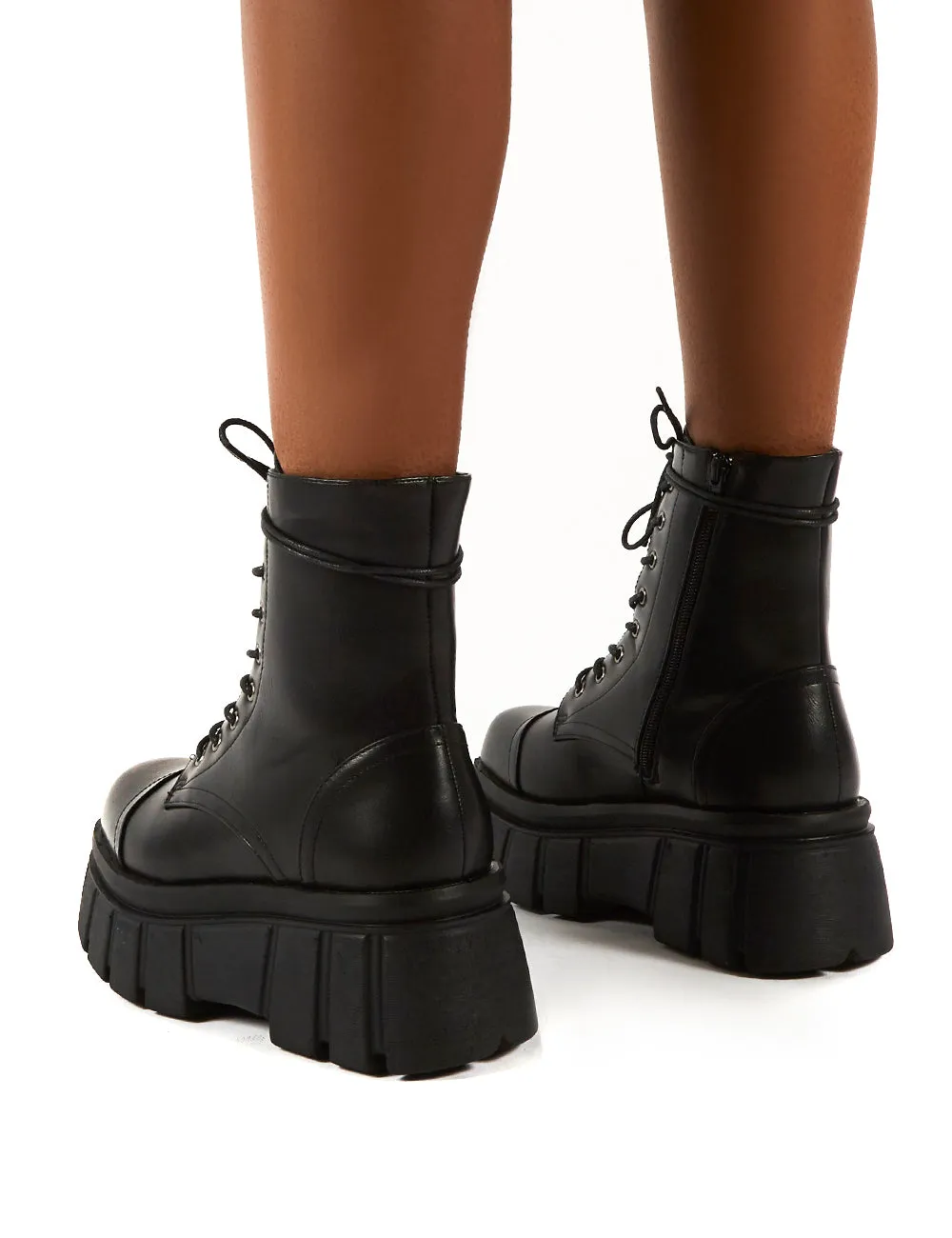 Trooper Black PU Lace Up Chunky Sole Ankle Boots